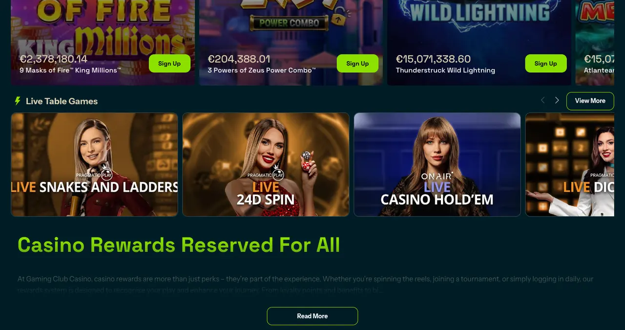 Gaming Club promotions page titled Casino Rewards Reserved For All, with jackpot and live table rails
