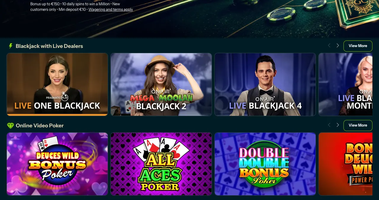 Gaming Club live blackjack and online video poker rails with Deuces Wild Bonus Poker and All Aces Poker