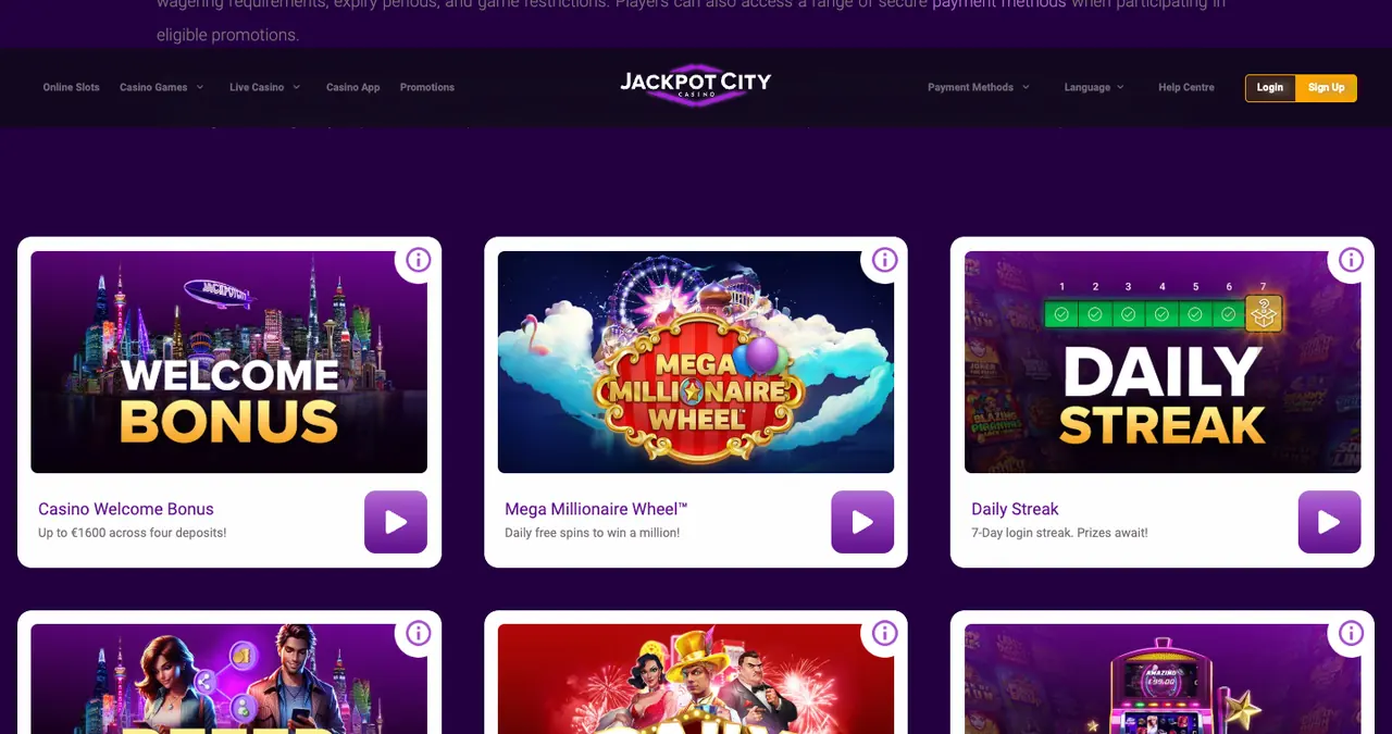 Jackpot City promotions page with Casino Welcome Bonus, Mega Millionaire Wheel and Daily Streak tiles