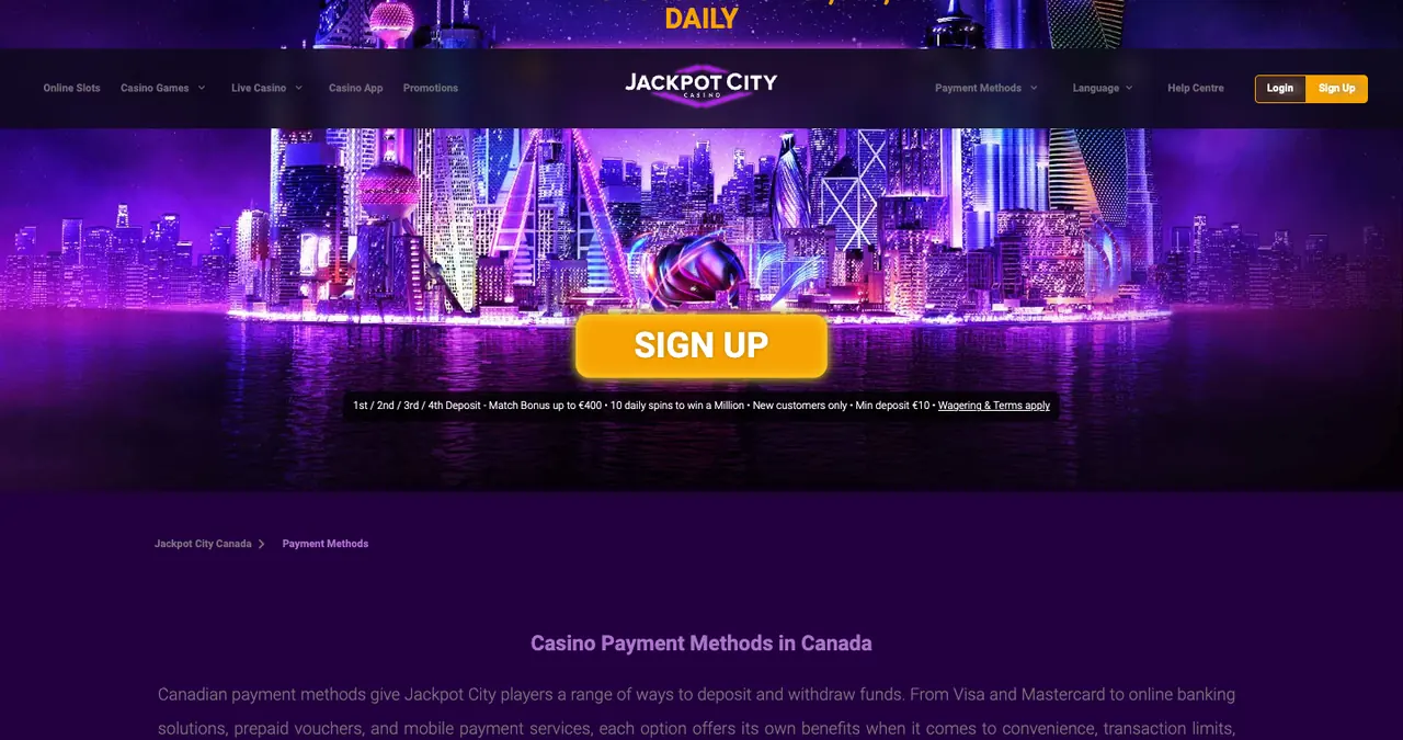 Jackpot City Casino Payment Methods in Canada page header with sign-up banner