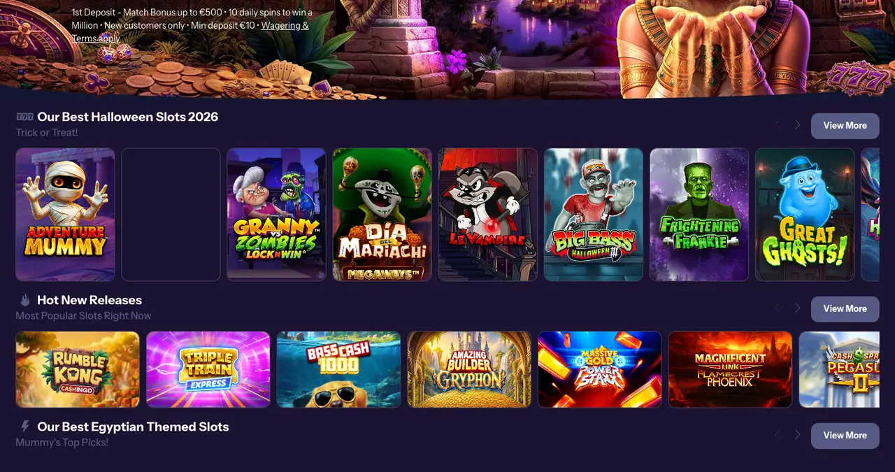Lobby des machines à sous de Mummys Gold avec les rangées Halloween, Hot New Releases et machines à sous égyptiennes
