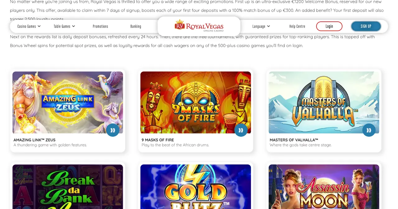 Page des promotions de Royal Vegas intitulée Rewarding promotions, every day, avec les tuiles Amazing Link Zeus, 9 Masks of Fire et Masters of Valhalla