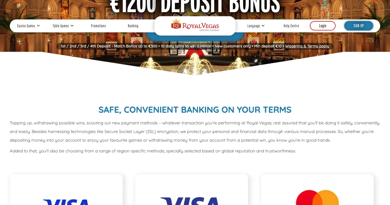 Page des paiements de Royal Vegas intitulée Safe, convenient banking on your terms, avec les cartes des moyens de paiement
