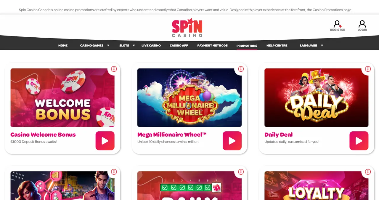 Page des promotions de Spin Casino avec les tuiles Casino Welcome Bonus, Mega Millionaire Wheel et Daily Deal