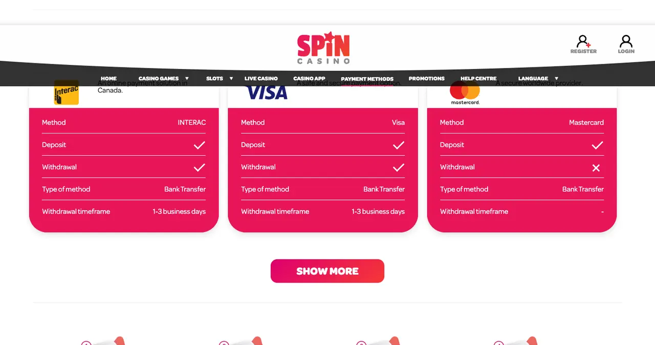 Cartes de paiement de Spin Casino montrant les options de dépôt et de retrait Interac, Visa et Mastercard